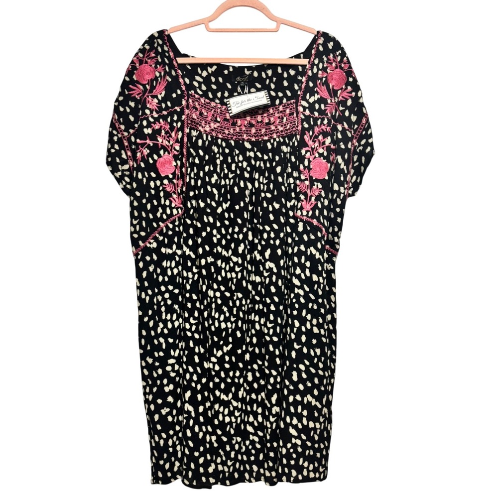 ODDY Black Multi Color Embroidered Tunic Dress 1XL Bohemian Floral‎ Printed